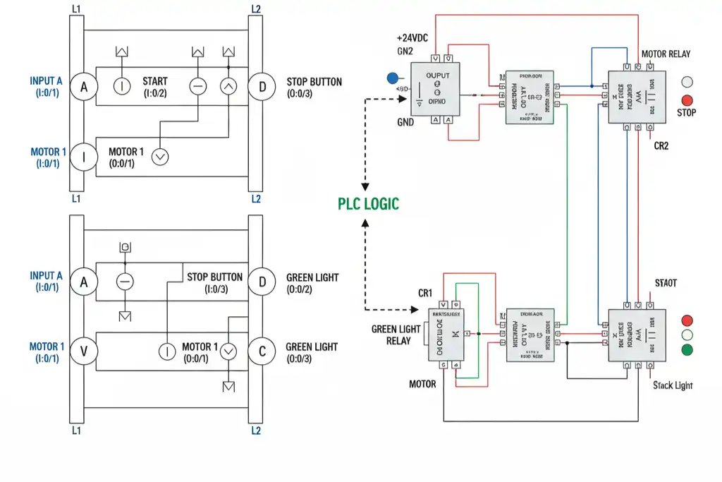 Explicación de la lógica del relé en el sistema de control PLC